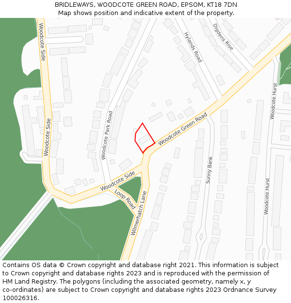 BRIDLEWAYS, WOODCOTE GREEN ROAD, EPSOM, KT18 7DN: Location map and indicative extent of plot