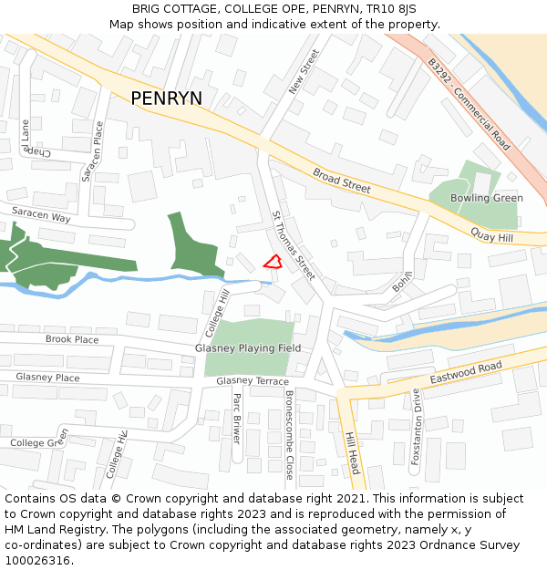 BRIG COTTAGE, COLLEGE OPE, PENRYN, TR10 8JS: Location map and indicative extent of plot