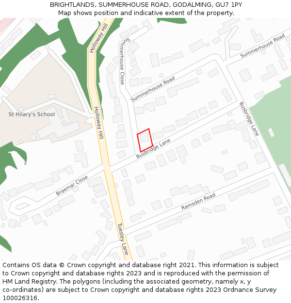 BRIGHTLANDS, SUMMERHOUSE ROAD, GODALMING, GU7 1PY: Location map and indicative extent of plot