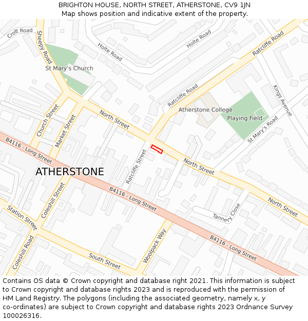 BRIGHTON HOUSE, NORTH STREET, ATHERSTONE, CV9 1JN: Location map and indicative extent of plot