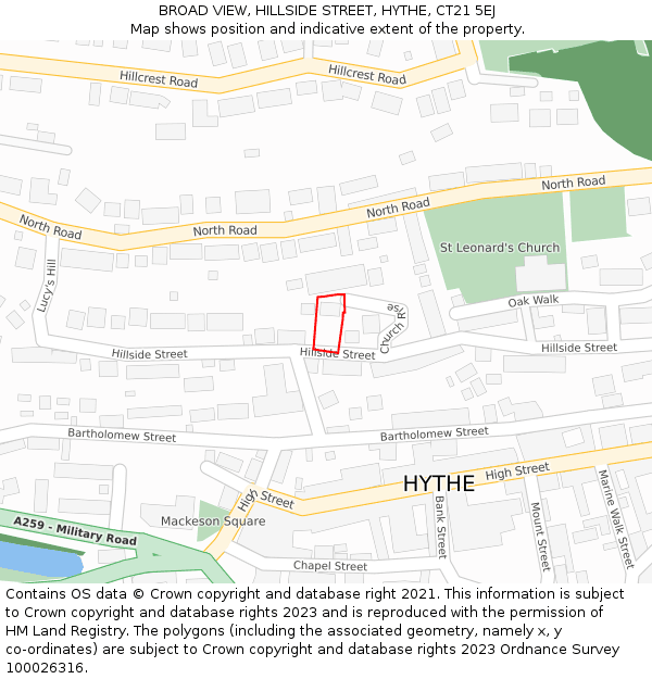 BROAD VIEW, HILLSIDE STREET, HYTHE, CT21 5EJ: Location map and indicative extent of plot