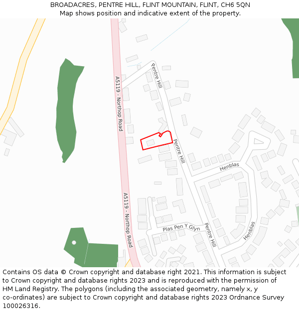BROADACRES, PENTRE HILL, FLINT MOUNTAIN, FLINT, CH6 5QN: Location map and indicative extent of plot