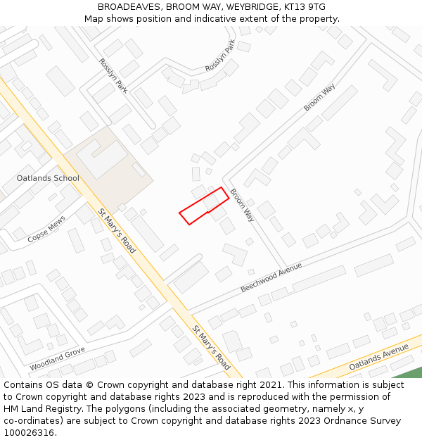 BROADEAVES, BROOM WAY, WEYBRIDGE, KT13 9TG: Location map and indicative extent of plot