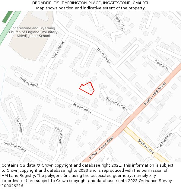 BROADFIELDS, BARRINGTON PLACE, INGATESTONE, CM4 9TL: Location map and indicative extent of plot