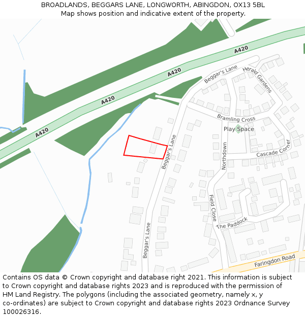 BROADLANDS, BEGGARS LANE, LONGWORTH, ABINGDON, OX13 5BL: Location map and indicative extent of plot