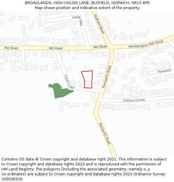 BROADLANDS, HIGH HOUSE LANE, BLOFIELD, NORWICH, NR13 4PR: Location map and indicative extent of plot