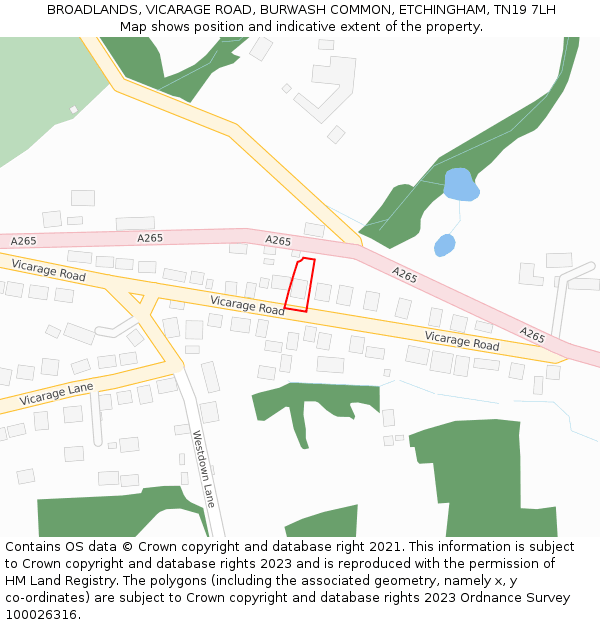 BROADLANDS, VICARAGE ROAD, BURWASH COMMON, ETCHINGHAM, TN19 7LH: Location map and indicative extent of plot