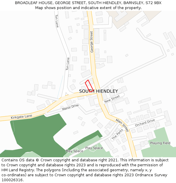 BROADLEAF HOUSE, GEORGE STREET, SOUTH HIENDLEY, BARNSLEY, S72 9BX: Location map and indicative extent of plot