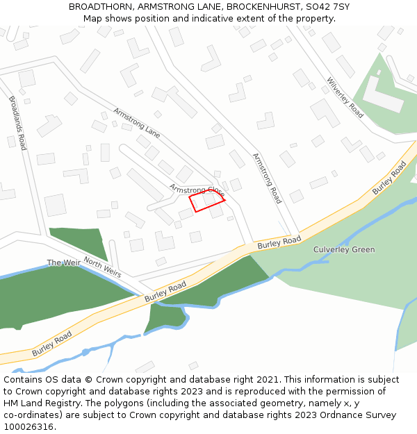 BROADTHORN, ARMSTRONG LANE, BROCKENHURST, SO42 7SY: Location map and indicative extent of plot