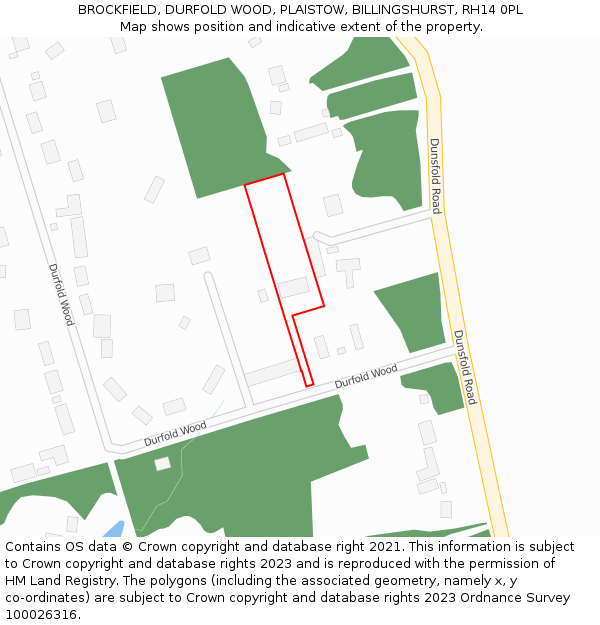 BROCKFIELD, DURFOLD WOOD, PLAISTOW, BILLINGSHURST, RH14 0PL: Location map and indicative extent of plot