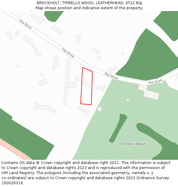 BROCKHOLT, TYRRELLS WOOD, LEATHERHEAD, KT22 8QJ: Location map and indicative extent of plot