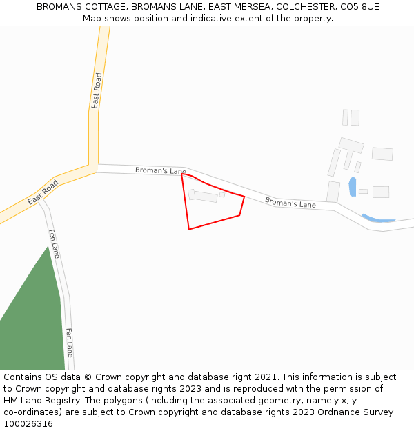 BROMANS COTTAGE, BROMANS LANE, EAST MERSEA, COLCHESTER, CO5 8UE: Location map and indicative extent of plot