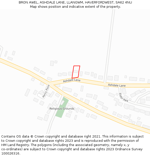 BRON AWEL, ASHDALE LANE, LLANGWM, HAVERFORDWEST, SA62 4NU: Location map and indicative extent of plot