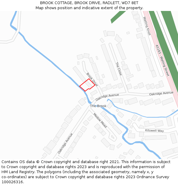 BROOK COTTAGE, BROOK DRIVE, RADLETT, WD7 8ET: Location map and indicative extent of plot