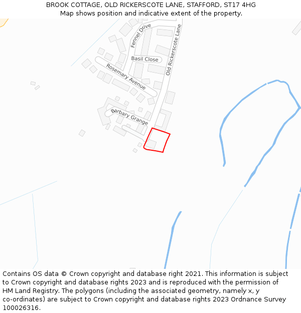 BROOK COTTAGE, OLD RICKERSCOTE LANE, STAFFORD, ST17 4HG: Location map and indicative extent of plot