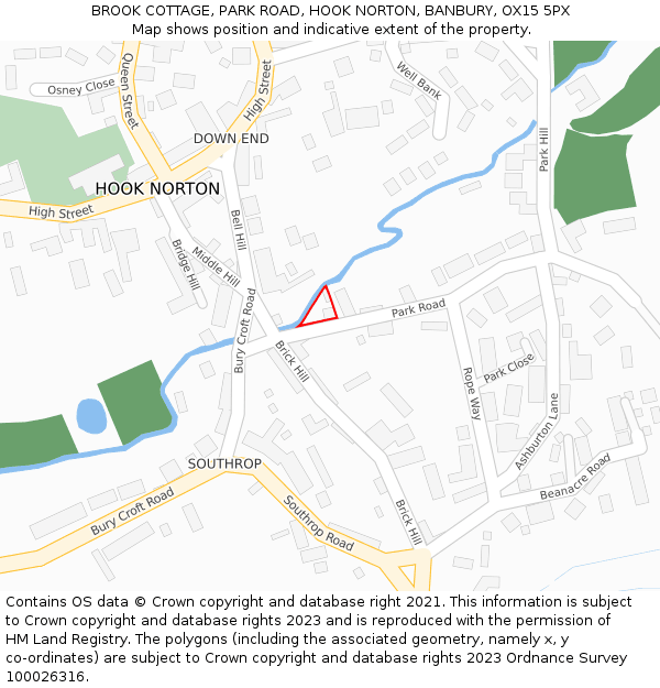 BROOK COTTAGE, PARK ROAD, HOOK NORTON, BANBURY, OX15 5PX: Location map and indicative extent of plot