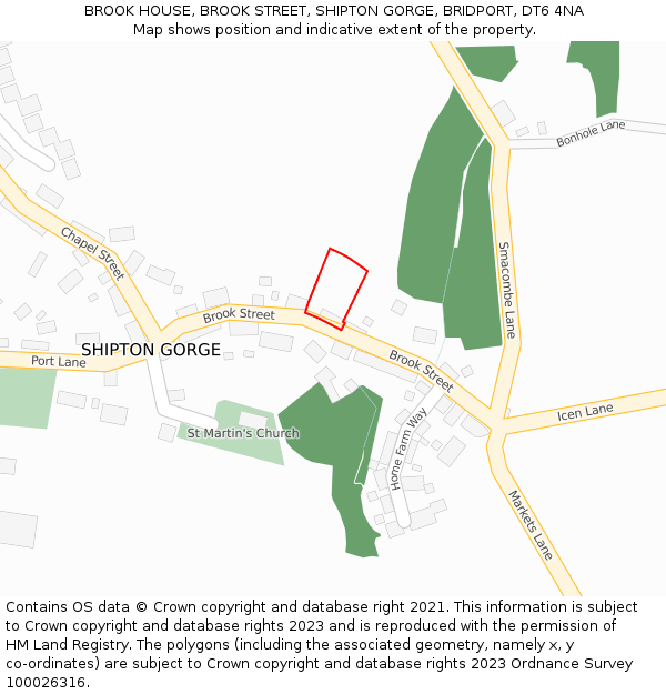 BROOK HOUSE, BROOK STREET, SHIPTON GORGE, BRIDPORT, DT6 4NA: Location map and indicative extent of plot