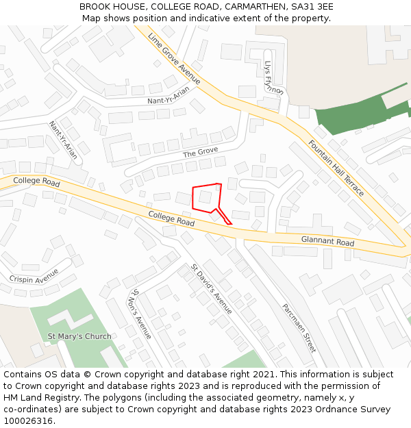 BROOK HOUSE, COLLEGE ROAD, CARMARTHEN, SA31 3EE: Location map and indicative extent of plot