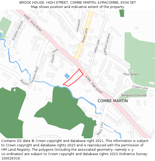 BROOK HOUSE, HIGH STREET, COMBE MARTIN, ILFRACOMBE, EX34 0ET: Location map and indicative extent of plot