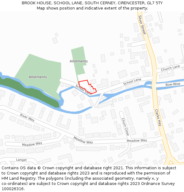 BROOK HOUSE, SCHOOL LANE, SOUTH CERNEY, CIRENCESTER, GL7 5TY: Location map and indicative extent of plot