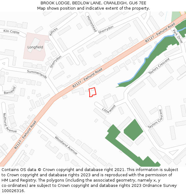 BROOK LODGE, BEDLOW LANE, CRANLEIGH, GU6 7EE: Location map and indicative extent of plot