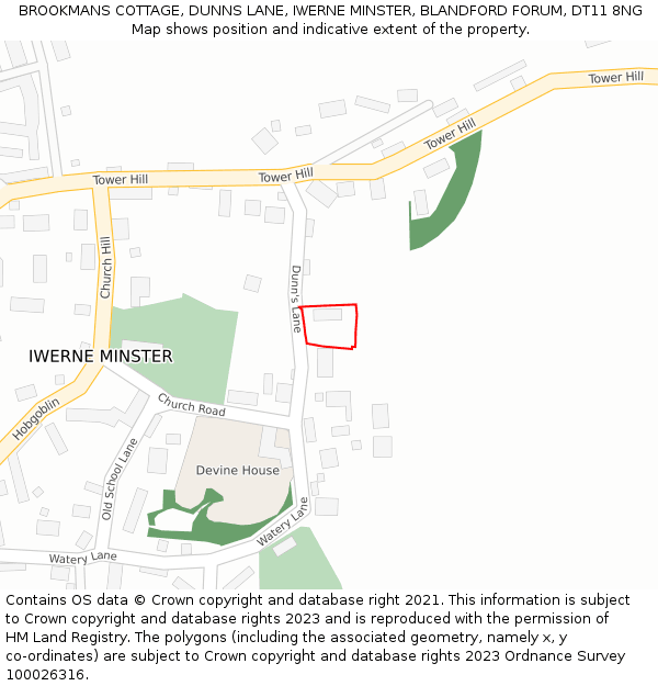 BROOKMANS COTTAGE, DUNNS LANE, IWERNE MINSTER, BLANDFORD FORUM, DT11 8NG: Location map and indicative extent of plot