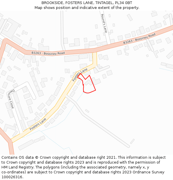 BROOKSIDE, FOSTERS LANE, TINTAGEL, PL34 0BT: Location map and indicative extent of plot