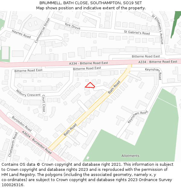 BRUMMELL, BATH CLOSE, SOUTHAMPTON, SO19 5ET: Location map and indicative extent of plot