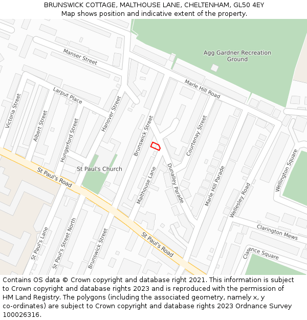 BRUNSWICK COTTAGE, MALTHOUSE LANE, CHELTENHAM, GL50 4EY: Location map and indicative extent of plot