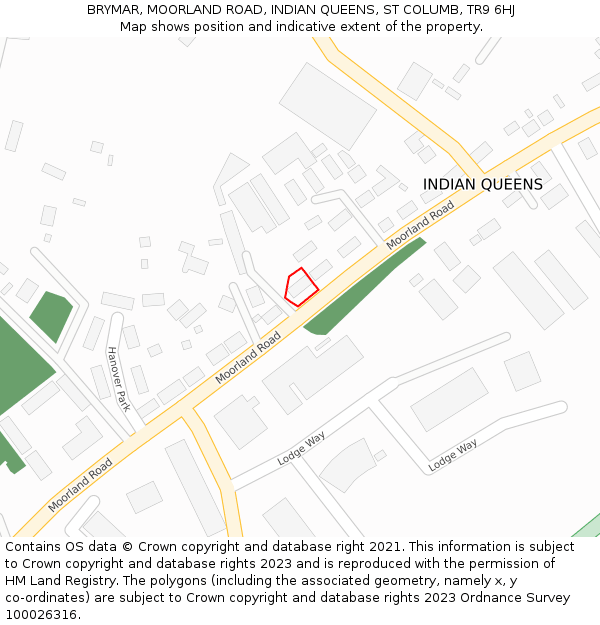 BRYMAR, MOORLAND ROAD, INDIAN QUEENS, ST COLUMB, TR9 6HJ: Location map and indicative extent of plot