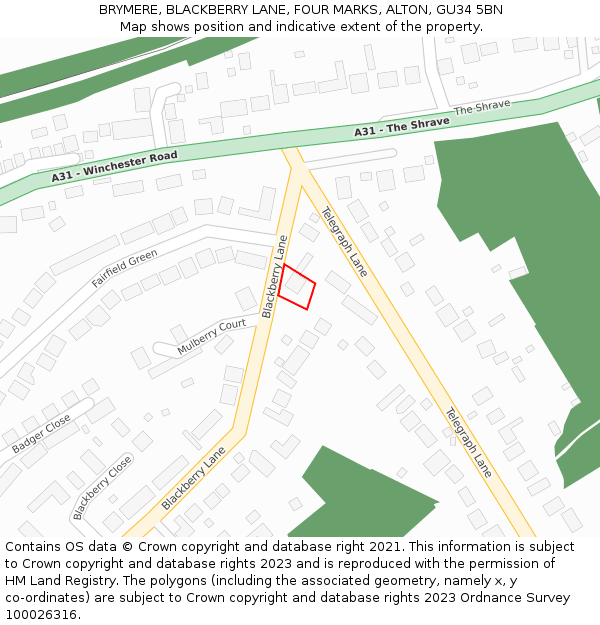 BRYMERE, BLACKBERRY LANE, FOUR MARKS, ALTON, GU34 5BN: Location map and indicative extent of plot