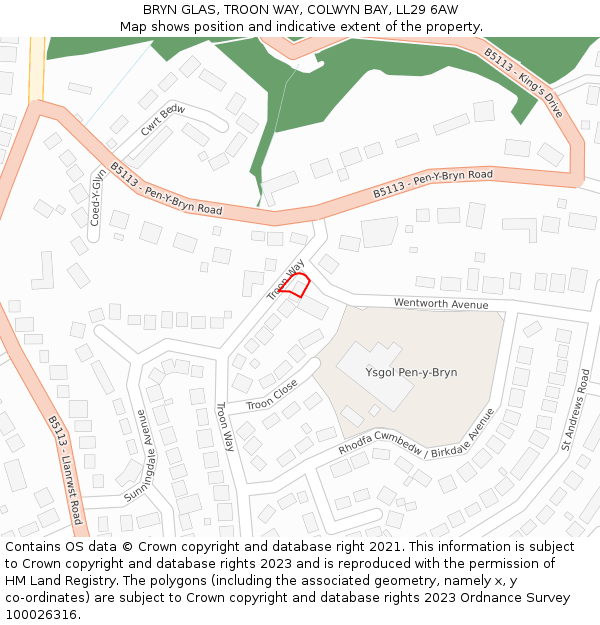 BRYN GLAS, TROON WAY, COLWYN BAY, LL29 6AW: Location map and indicative extent of plot