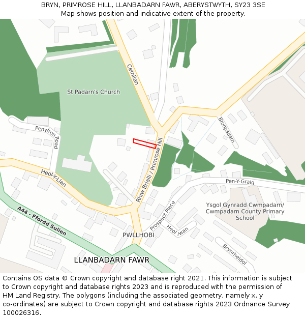 BRYN, PRIMROSE HILL, LLANBADARN FAWR, ABERYSTWYTH, SY23 3SE: Location map and indicative extent of plot