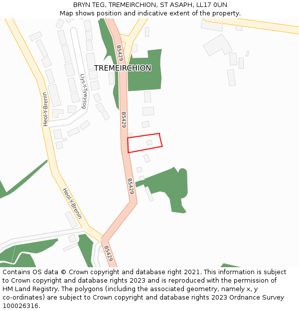 BRYN TEG, TREMEIRCHION, ST ASAPH, LL17 0UN: Location map and indicative extent of plot