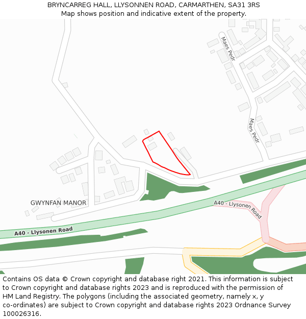 BRYNCARREG HALL, LLYSONNEN ROAD, CARMARTHEN, SA31 3RS: Location map and indicative extent of plot