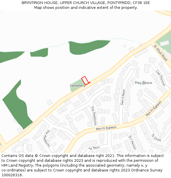 BRYNTIRION HOUSE, UPPER CHURCH VILLAGE, PONTYPRIDD, CF38 1EE: Location map and indicative extent of plot