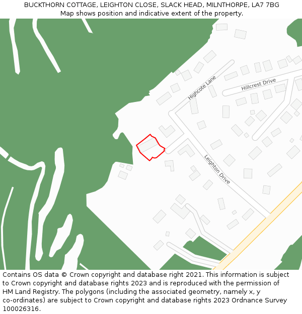 BUCKTHORN COTTAGE, LEIGHTON CLOSE, SLACK HEAD, MILNTHORPE, LA7 7BG: Location map and indicative extent of plot