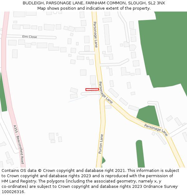 BUDLEIGH, PARSONAGE LANE, FARNHAM COMMON, SLOUGH, SL2 3NX: Location map and indicative extent of plot