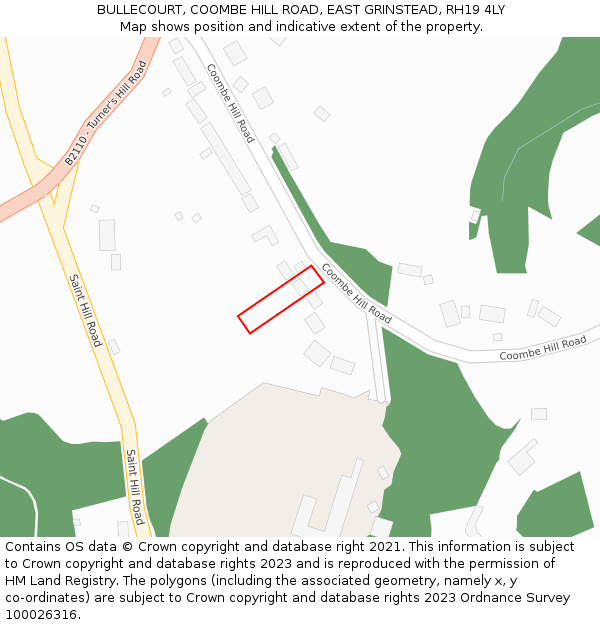 BULLECOURT, COOMBE HILL ROAD, EAST GRINSTEAD, RH19 4LY: Location map and indicative extent of plot