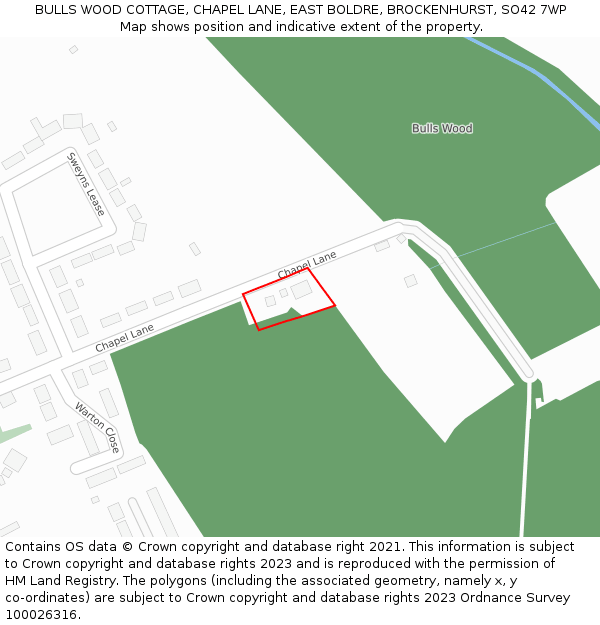 BULLS WOOD COTTAGE, CHAPEL LANE, EAST BOLDRE, BROCKENHURST, SO42 7WP: Location map and indicative extent of plot