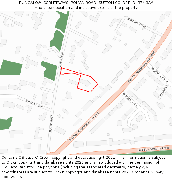 BUNGALOW, CORNERWAYS, ROMAN ROAD, SUTTON COLDFIELD, B74 3AA: Location map and indicative extent of plot