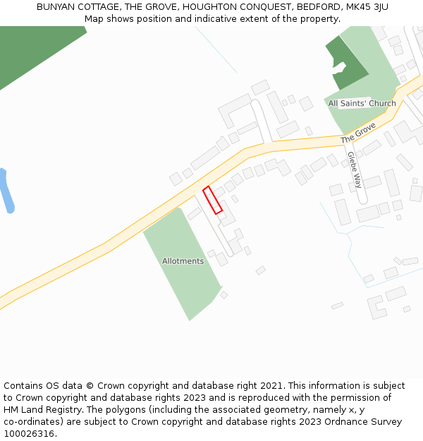 BUNYAN COTTAGE, THE GROVE, HOUGHTON CONQUEST, BEDFORD, MK45 3JU: Location map and indicative extent of plot