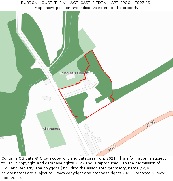 BURDON HOUSE, THE VILLAGE, CASTLE EDEN, HARTLEPOOL, TS27 4SL: Location map and indicative extent of plot
