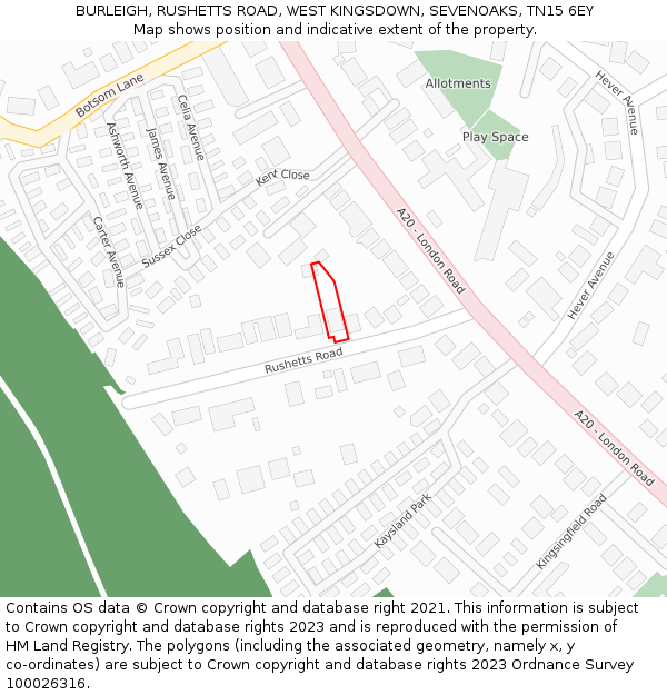 BURLEIGH, RUSHETTS ROAD, WEST KINGSDOWN, SEVENOAKS, TN15 6EY: Location map and indicative extent of plot