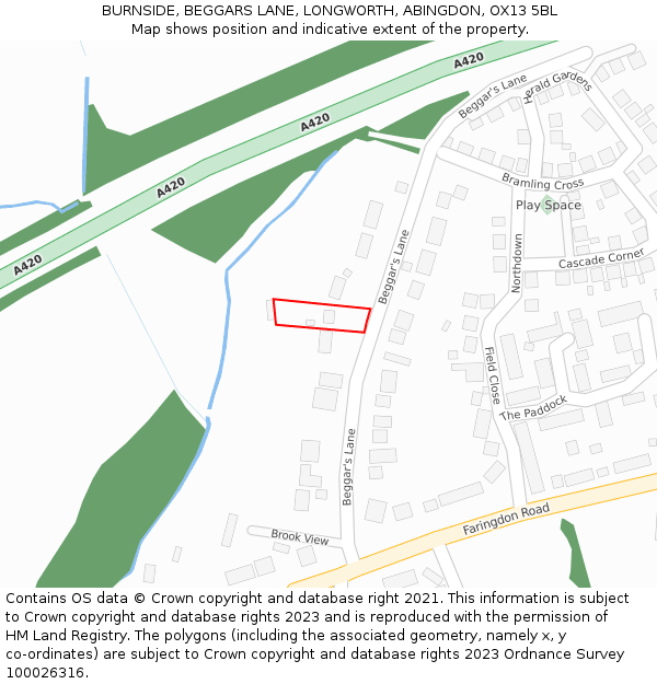 BURNSIDE, BEGGARS LANE, LONGWORTH, ABINGDON, OX13 5BL: Location map and indicative extent of plot