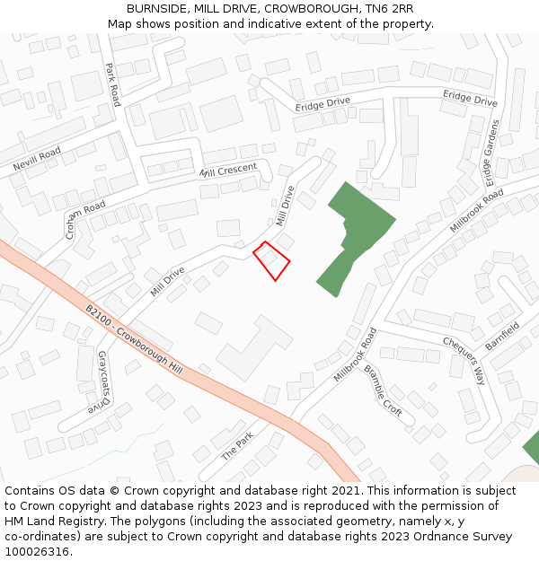 BURNSIDE, MILL DRIVE, CROWBOROUGH, TN6 2RR: Location map and indicative extent of plot