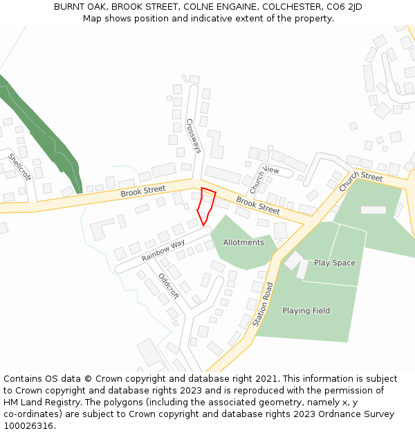 BURNT OAK, BROOK STREET, COLNE ENGAINE, COLCHESTER, CO6 2JD: Location map and indicative extent of plot