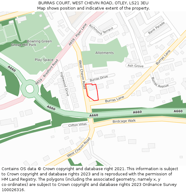 BURRAS COURT, WEST CHEVIN ROAD, OTLEY, LS21 3EU: Location map and indicative extent of plot