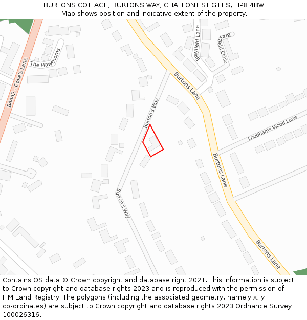 BURTONS COTTAGE, BURTONS WAY, CHALFONT ST GILES, HP8 4BW: Location map and indicative extent of plot