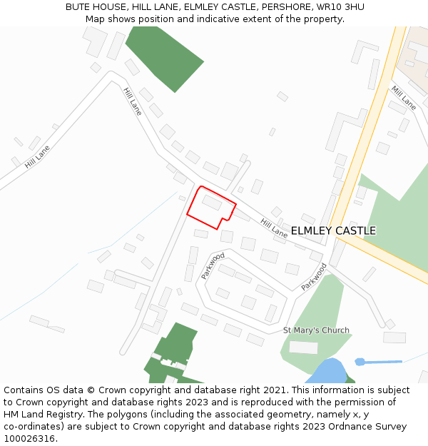 BUTE HOUSE, HILL LANE, ELMLEY CASTLE, PERSHORE, WR10 3HU: Location map and indicative extent of plot